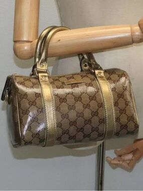 Gucci crystal Brown GG Monogram Mini Boston Bag with Gold Trim